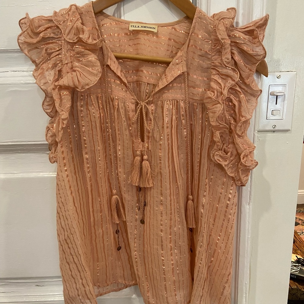 Ulla Johnson pink lurex flutter shoulder top